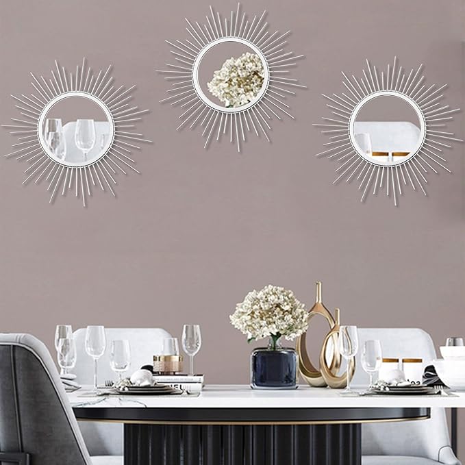 3 Pack Metal Mirrors for Wall Sunburst Wall Mirrors Home Décor Decorative Hanging Wall Art for Living Room Bedroom Entryway (Silver, Sunburst)