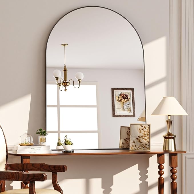 Arched Wall Mirror, 38 x 26 inch Arch Bathroom Mirror, Wall Mounted Vanity Mirror with Arch Metal Frame, Modern Bathroom Vanity Mirror for Bedroom, Living Room, Hanging or Leaning, Black