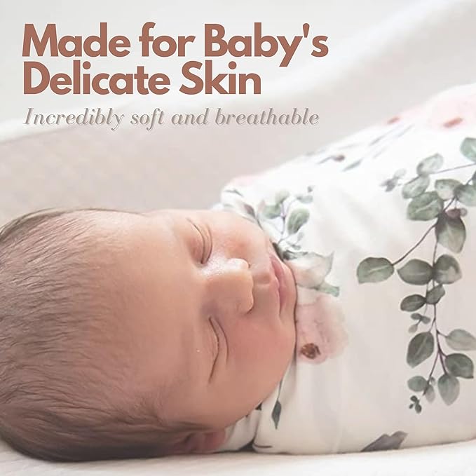 Newborn Baby Girl Swaddle and Headband Sets Receiving Blanket Stretchy Knit Swaddle Set(Green Leaf and Pink Floral)