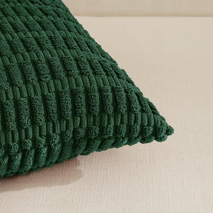 Fancy Homi Set of 4 Dark Green Boho Decorative Throw Pillow Covers 20x20 Inch for Couch Bed Sofa, Aesthetic Modern Bohemian Room Decor, Soft Fuzzy Fluffy Cozy Corduroy Textured Cushion Case 50x50cm