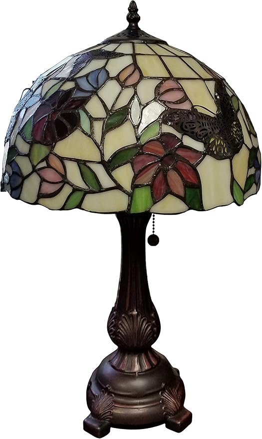 Amora Tiffany Style Table Lamp Banker 19" Tall Stained Glass Red Green White Floral Flower Butterfly Antique Vintage Light Decor Bedside Living Room Bedroom Handmade Gift AM061TL12B Lighting