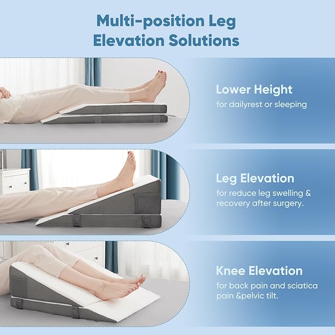 Forias Adjustable Wedge Pillow for Sleeping, 7.5 & 10 & 12 Inch Memory Foam Triangle Wedge Pillow Post Surgery for Back, Legs and Knee Support, Acid Reflux, Gerd, Heartburn and Snoring