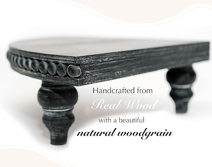 Corner Pedestal Stand Rustic Decor Riser for Display - Farmhouse Wood Rounded Beaded Tray for Kitchen and Bathroom Countertop Organizer, Coffee Bar, Plant Stand with Removable Feet (Rustic Black)