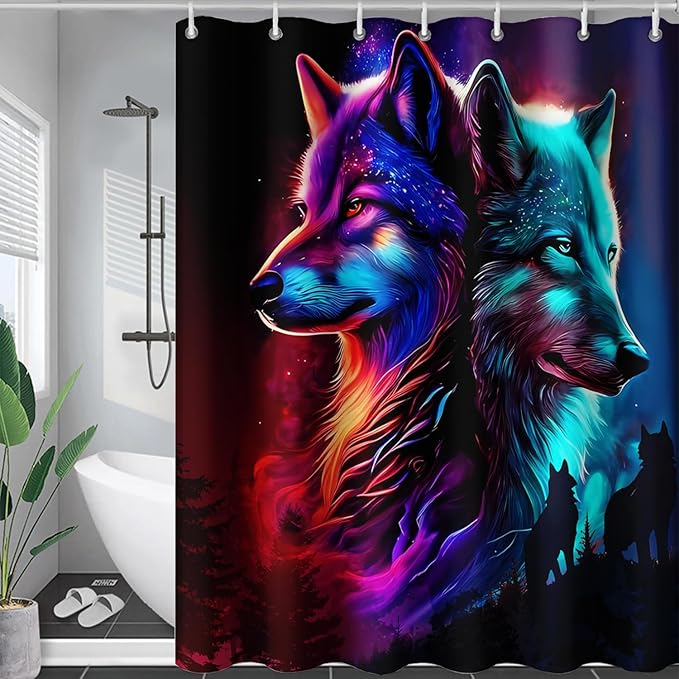AILONEN Wolf Shower Curtain,Evening Howling Wolf Bath Curtain for Bathroom Decor,Wildlife Shower Curtain for Teens,Polyester Waterproof with 12 Plastic Hooks 72" W*96" H