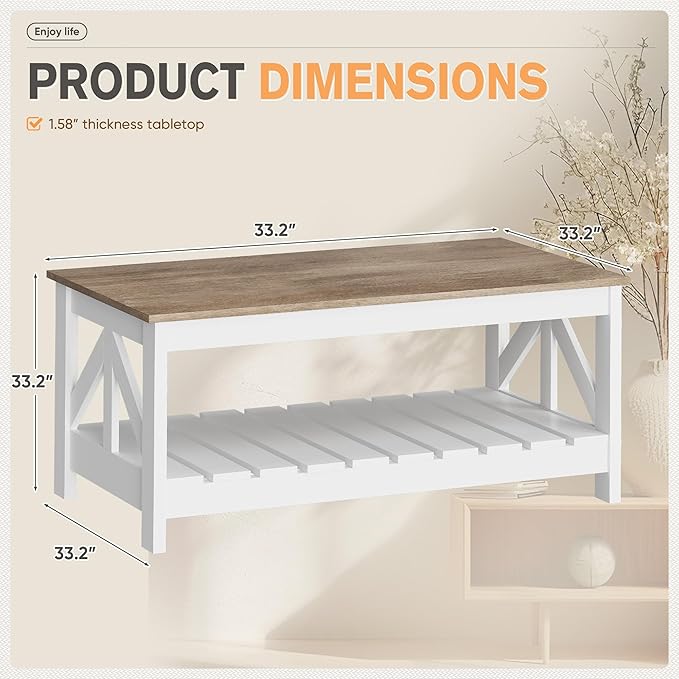 YESHOMY 39" Farmhouse Coffee Table, Coffee Tables for Living Room, Farmhouse Square Coffee Table with Storage, Couch Table, Small Tables for Small Spaces, Gray and White