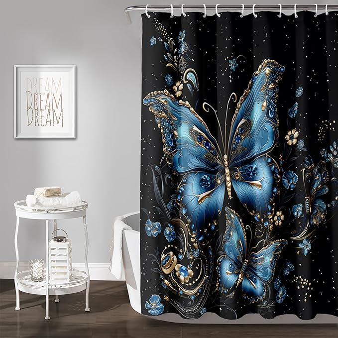 AILONEN Butterfly Shower Curtain for Bathroom, Blue Butterfly Waterproof Shower Curtain,Modern Fashion Minimalist Shower Curtain Bathroom Decor with 12 Plastic Hooks 72" W*78" H