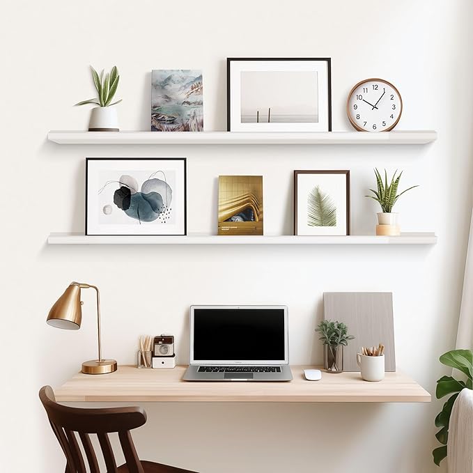 Annecy Floating Shelves Set of 3, 47 Inch White Rustic Wood Shelves for Wall, Wall Storage Shelves with Guardrail Design for Bedroom, Bathroom, Kitchen, Office, 3 Different Sizes