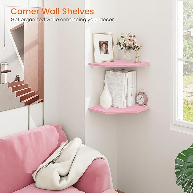 Homode Corner Floating Shelves, Corner Wall Shelf with Cord Hole, 2 Tier Wood Hanging Corner Shelf for Bathroom, Bedroom, Living Room, Pink