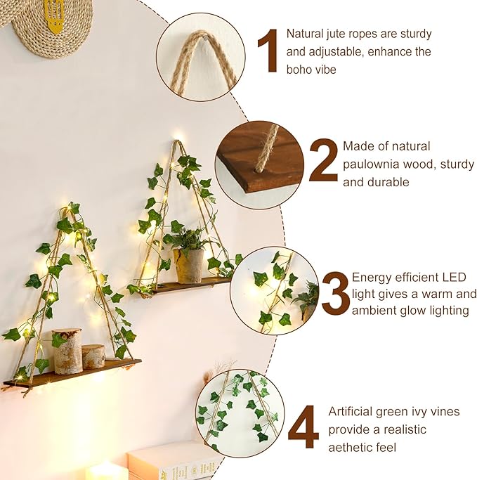 2 Pack Artificial Ivy Wall Hanging Shelves Boho Floating Shelves Wall Decor, Adjustable Rustic Wood Shelf with LED Light Storage Rack Macrame Plant Shleves Holder for Bedroom