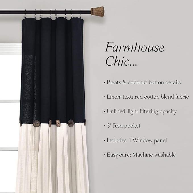 Lush Decor Linen Button Window Curtain Panel, Single, 40" W x 95" L, Black & Off White - Country Curtains - Rustic Decor - Color Block Modern Farmhouse Curtains For Living Room, Bedroom & Dining Room