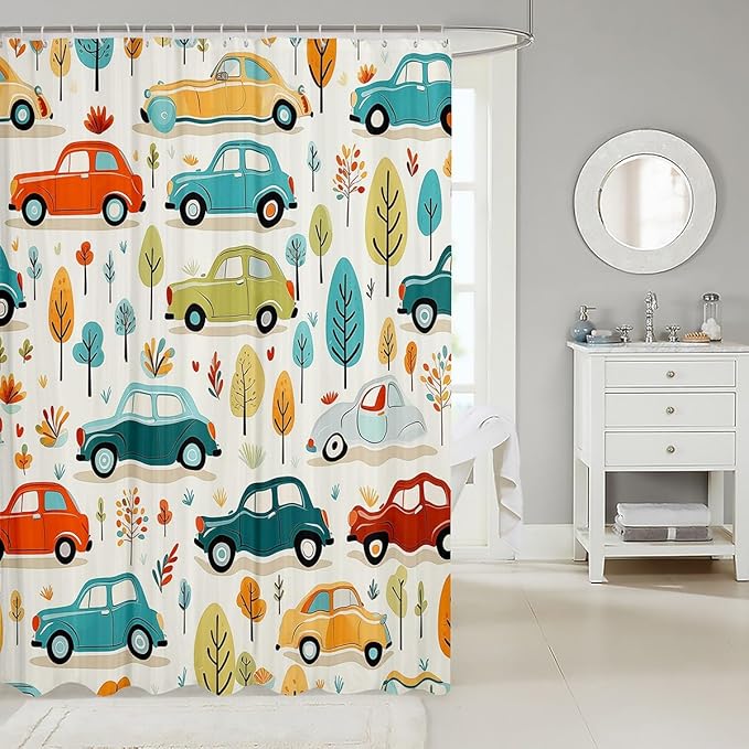 Feelyou Cartoon Car Shower Curtain Boys Girls Luxury Car Fabric Shower Curtain for Kids Colorful Tree Bathroom Waterproof Accessories with 12 Hooks Colorful Car Curtains,72x84 Inches