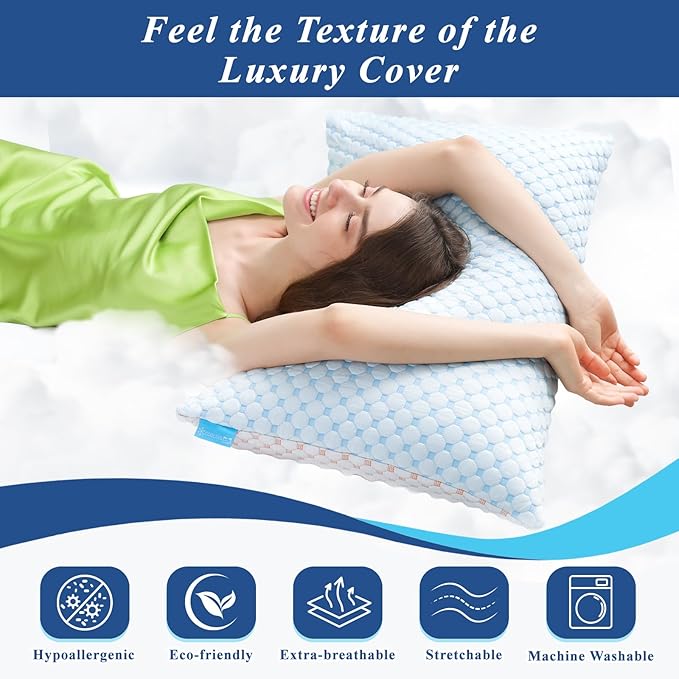 Cooling Pillows King Size Set of 2, Shredded Memory Foam Pillow Adjustable Bed Pillows Firm Pillow with Removable Washable Cover and Extra Filling Pack