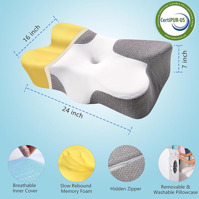 Cervical Pillow for Neck Pain Relief-Ergonomic Contour Pillows-Memory Foam Cervical Pillow,Odorless Ergonomic Contour Pillows,Orthopedic Bed Pillow for Side Back Stomach Sleeper - Dark Grey-White