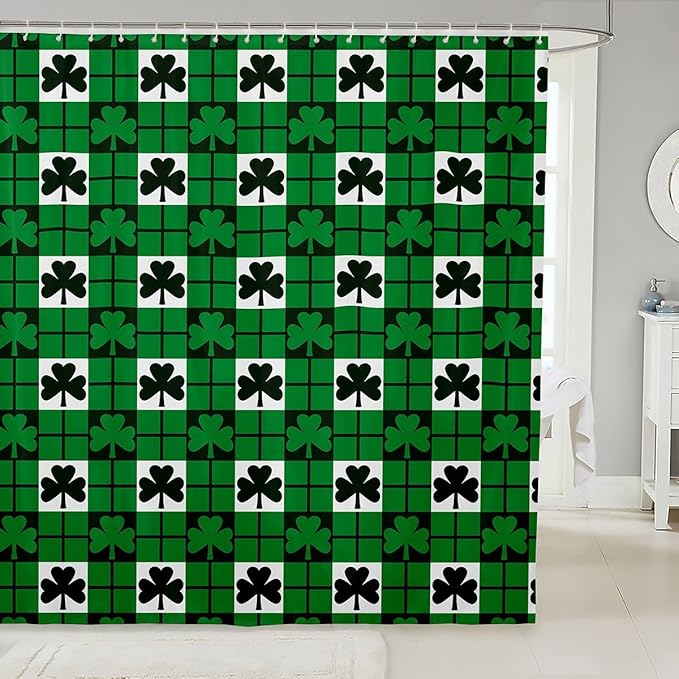 Manfei Green Leaf Kids Shower Curtains,Happy St. Patrick's Day Irish Holiday Bathroom Curtains for Girls Boys,Geometric Plaids Grids Patchwork Rustic Waterproof Curtains,12 Hooks Suits,72" W x 84" L