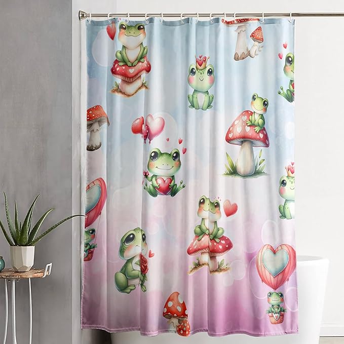 AILONEN Cartoon Frog Shower Curtain,Green Frog with Red Mushroom Roses Bathroom Curtain for Kids Boys Girls,Kawaii Amphibian Animal Waterproof Fabric Shower Curtains for Bathroom,48" W*72" H