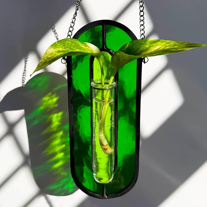 LITMIND Transparent Green Stained Glass Propagation Station - Handcrafted Suncatcher Hanging Planter with 2 Glass Tubes, Multi-Color Hydroponic Wall Décor for Windows, Home & Garden
