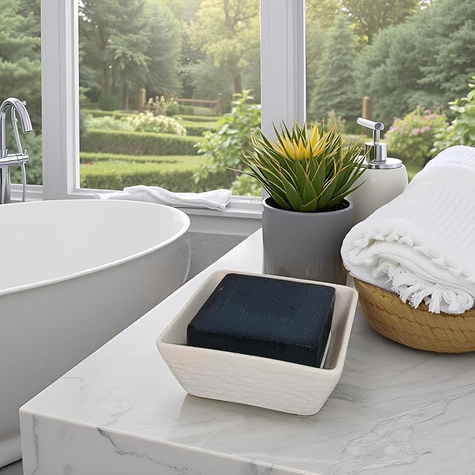 Ceramic Soap Dish, Vonpri Soap Holder Tray, Non-Slip Square Soapbox Container for Handmade Bar Bathroom Sink, Countertop, Shower Stone Texture (White)