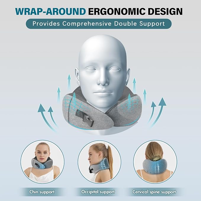 PORTHOLIC 2024 Upgraded Travel Neck Pillow with Buckle,100% Pure Memory Foam Travel Neck Pillow for Airplane Travel Flight Headrest Sleep, Portable Plane Accessories(Light Grey)