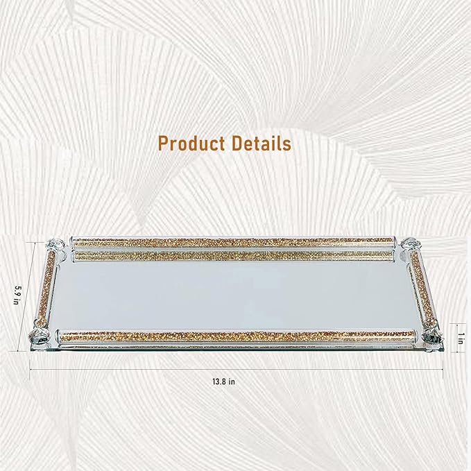 Crystal Diamond Tray, 13.8" x 5.9" Mirror Perfume Tray for Vanity Gold Crystal Jewelry Trinket Cosmetic Makeup Display Serving Trays for Dresser Crushed Diamond Home Decor