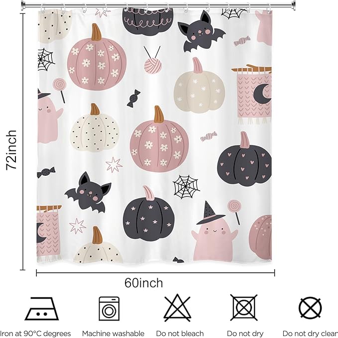 Girls Halloween Pumpkin Shower Curtain 60Wx72L Inch Cute Spooky Ghost Bat Cartoon Kids Holiday Bathroom Set Accessories Decor Polyester Waterproof with 12 Pack Hooks