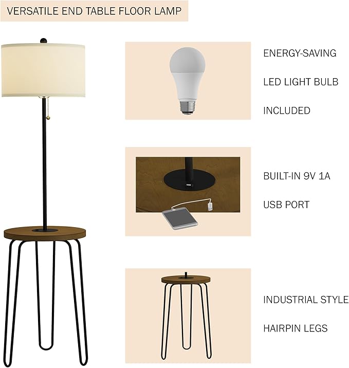 Floor Lamp with Table - Mid-Century Modern Nightstand or Side Table with USB Port and Hairpin Legs - Standing Light with Shelves by Lavish Home