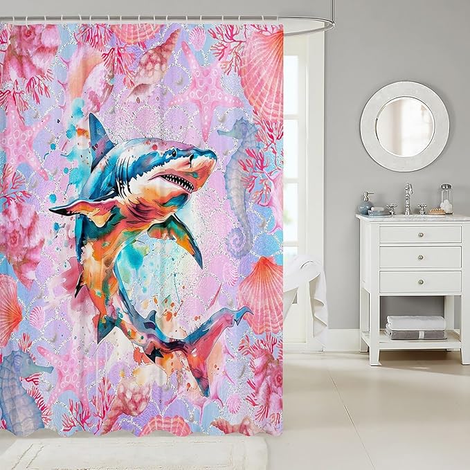 Feelyou Watercolor Shark Fabric Shower Curtain Under Sea Animals Themed Shower Curtain for Kids Pink Shells and Corals Bathroom Waterproof Accessories with 12 Hooks Ombre Curtains,72X72 Inches