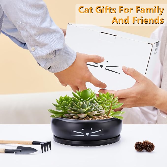 Koolkatkoo 8 Inch Cat Ceramic Succulent Planter Pot with Drainage Hole and Tray Flower Pot for Indoor and Outdoor Plants Round Shallow Planter Gifts for Cat Lovers Black