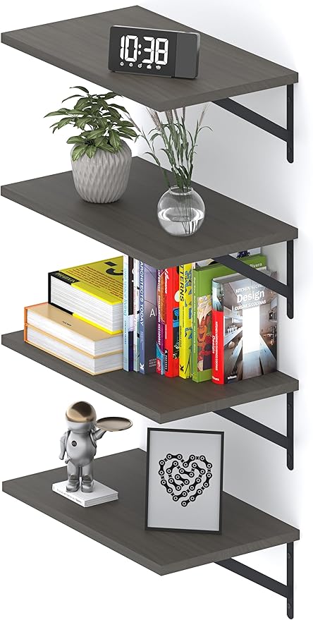 Deep Floating Shelves 10" D x 16.5" W Set of 4, Rustic Wood Wall Bookshelves for Living Room, Kitchen, Laundry Room, Bathroom, Bedroom, Books, Plants, and More (Black Burnt Wood, Varnished)