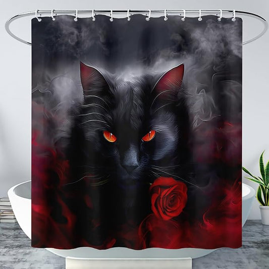 AILONEN 3D Black Cat Shower Curtain,Cat with Red Rose Polyester Cloth Bath Curtain Set for Kids Boys,Fog with Flowers Waterproof Shower Curtain for Bathroom, 60" W*72" H Black