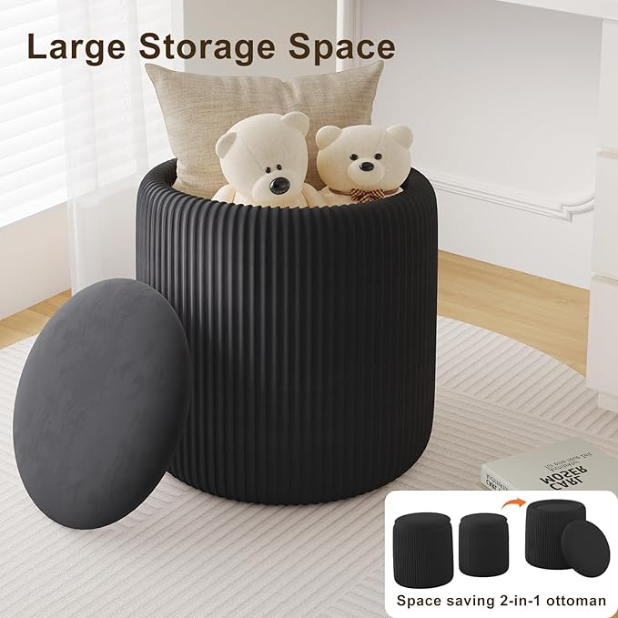 Black Velvet Ottoman with Storage Set of 2, Round Storage Ottoman Foot Rest, Black Makeup Vanity Chair, Small Vanity Stool with Storage, Pouf Ottomans for Living Room, Bedroom