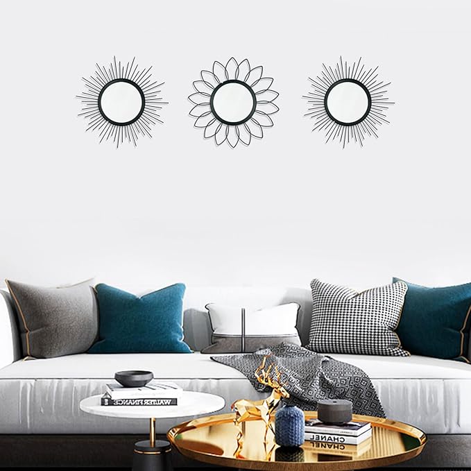 3 Pack Metal Mirrors for Wall Sunburst Wall Mirrors Home Décor Decorative Hanging Wall Art for Living Room Bedroom Entryway (Black, Flower+Sunburst)