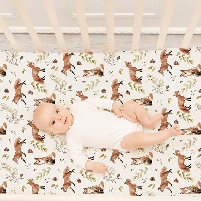 ACRABROS Crib Sheets for Girl Boy: Stretchy Baby Fitted Crib Mattress Sheets Sets 2 Pack Standard Size Ultra Soft Neutral, Fox&Leaf