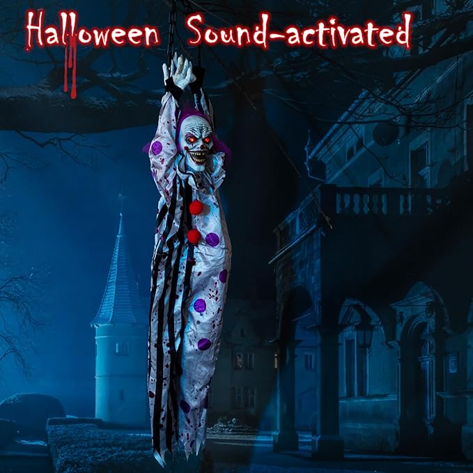 HollyHOME Halloween Animated Hanging Clown with Glowing Eyes Creepy Sound and Shaking Body Halloween Decorations Outdoor Scary Haunted House Outdoor Prop Decor 60’’