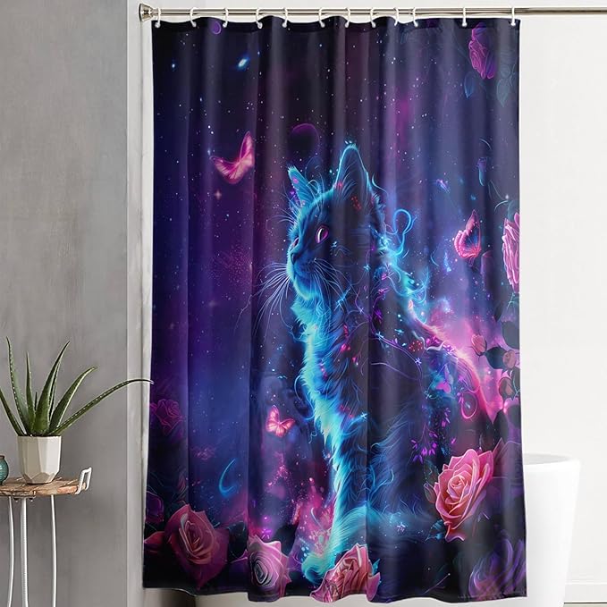 AILONEN 3D Rose Cat Shower Curtain Set, Beautiful Kitten with Butterfly Shower Curtain Liner for Kids Boys Girls,Boho Galaxy Shower Curtain for Bathroom,72" W*78" H