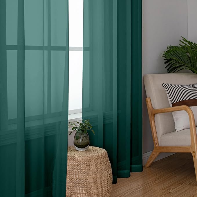 Aiyufeng Hunter Green Sheer Curtain Drapes 90 Inch Length 2 Panels for Living Room, Light Filtering Voile Green Drapes for Bedroom, Patio, Sliding Door, Each 42" W x 90" L
