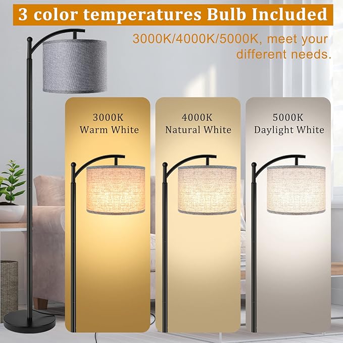 ROTTOGOON Floor Lamp with 3CCT LED Bulb, Gray Linen Lamp Shade for Living Room, Modern Standing Lamp for Bedrooms - Black