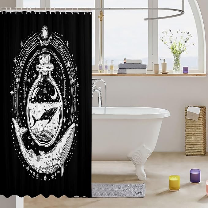 Feelyou Whale Shower Curtain Ocean Themed Fabric Shower Curtain for Kids Boys Girls Bohemian Galaxy Bathroom Waterproof Accessories with 12 Hooks Black and White Curtains,72X72 Inches