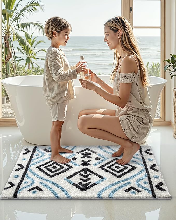 LUMI Bathroom Rugs 20x32, Highly Absorbent Non Slip Machine Washable Floor Mat, Ultra Soft Fluffy Plush Bath Mat for Bathtub Bathroom Shower Home Decor(Blue Black White)