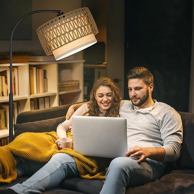 Arc Floor Lamp Black, Boho Floor Lamps for Living Room, Dimmable Standing Tall Lamps with Rattan Fabric Shade, Modern Floor Lamp Farmhouse Bohemian Light for Bedroom, Office, 9W LED Bulb Included