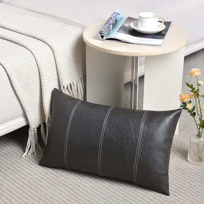 Fancy Homi 2 Packs Dark Gray Lumbar Faux Leather Decorative Throw Pillow Covers 12x20 Inch for Outdoor Couch Bed, Modern Farmhouse Boho Home Decor, Grey Hand Stitched Cushion Case 30x50 CM