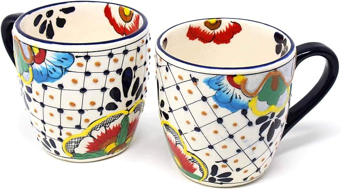 Encantada Handmade Hand-Painted Authentic Mexican Pottery Mugs (Dots & Flowers X2)