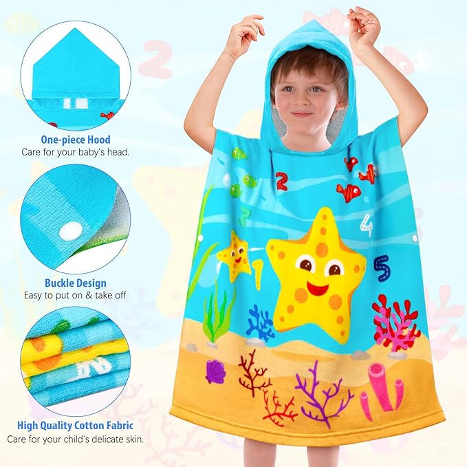HUANLANG Kids Hooded Beach Towel for Boys Girls,Bath Pool Beach Poncho Towels Super Soft & Absorbent Cotton Towel Childrens Starfish Beach Towels for Toddler 0-7 Years Old