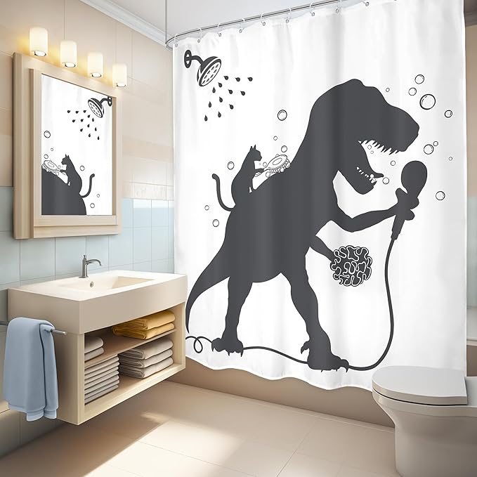 LGhtyro Kids Funny Dinosaur Shower Curtain Bathroom Set 60Wx71H Inches Boys Dino Cat Trex Raptor Animal Shadow Silhouette Bath Cartoon Bath Accessories Black White Art Home Decor Fabric 12 Pack Hooks