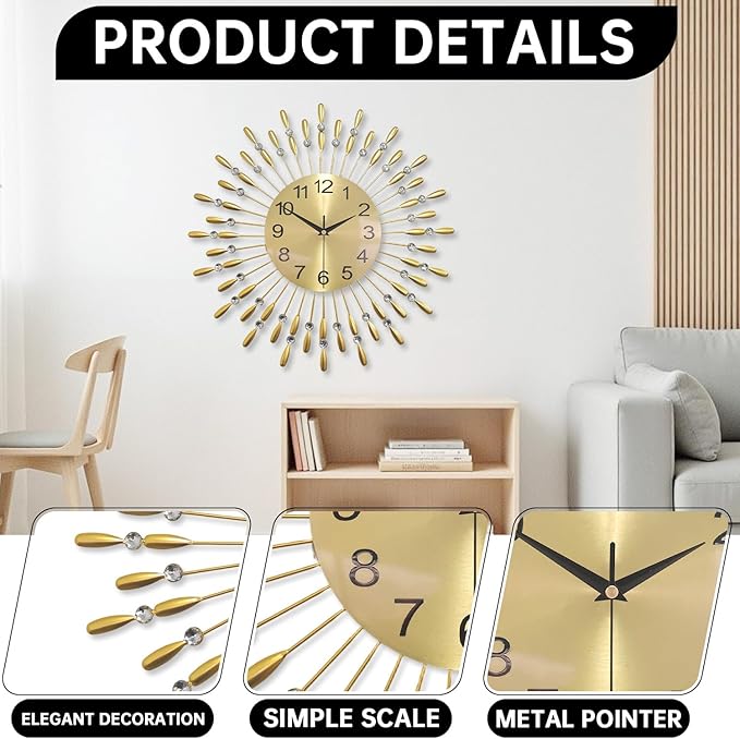 Wall Clock,20inch Decorative Wall Clocks Silent Quality Quartz Battery Operated,Large Wall Clock for Living Room,Kitchen,Home,Bathroom,Bedroom Wall Decor,Golden