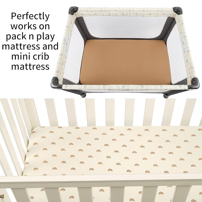 Muslin Pack n Play Sheets Soft Breathable 100% Cotton Mini Crib Fitted Sheets Portable/Convertible Playard Mattress Cover 2 Pack for Baby Boy and Girl, Natural and Rainbow