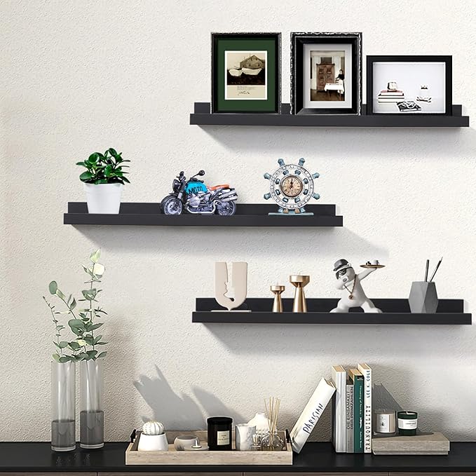 Floating Picture Ledge Shelves for Wall Set of 3, 24 Inch Wall Shelves with Lip Long Large Nursery Book Shelf for Toys Storage Kids Bookshelf Wall Mounted Living Room Bedroom Decor Frames(Black)