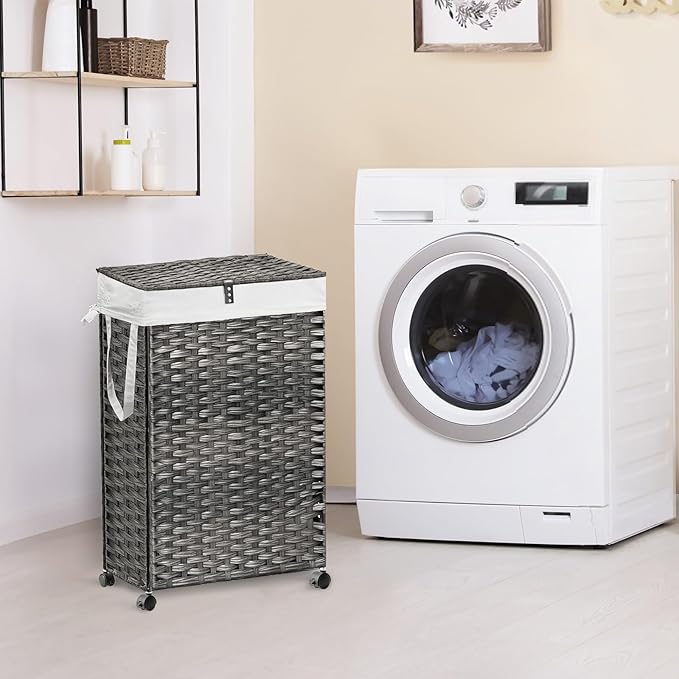 88L Slim Laundry Hamper with Wheels, 23.3 Gallon Rolling Laundry Basket with Lid, Tall and Narrow Laundry Hamper with 2 Removable Liner & 3 Mesh Laundry Bags, Laundry Sorter for Bathroom, Grey