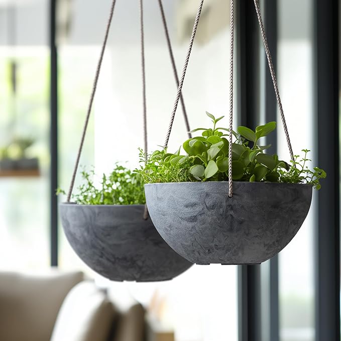 LA JOLIE MUSE Hanging Planter Flower Plant Pots - 10 Inch Indoor Outdoor Balcony Patio Hanging Basket Set of 2, Marble Pattern