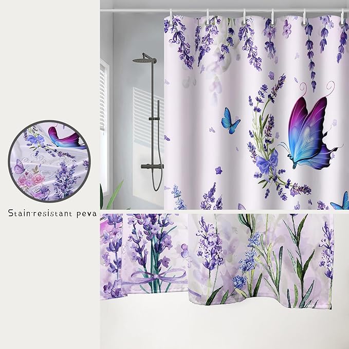 AILONEN Girls Butterfly Shower Curtain for Bathroom, Blooming Lavender Flower Purple Bath Curtain 60" W*72" H Polyester Fabric Waterproof Bathroom Curtain with 12 Hooks