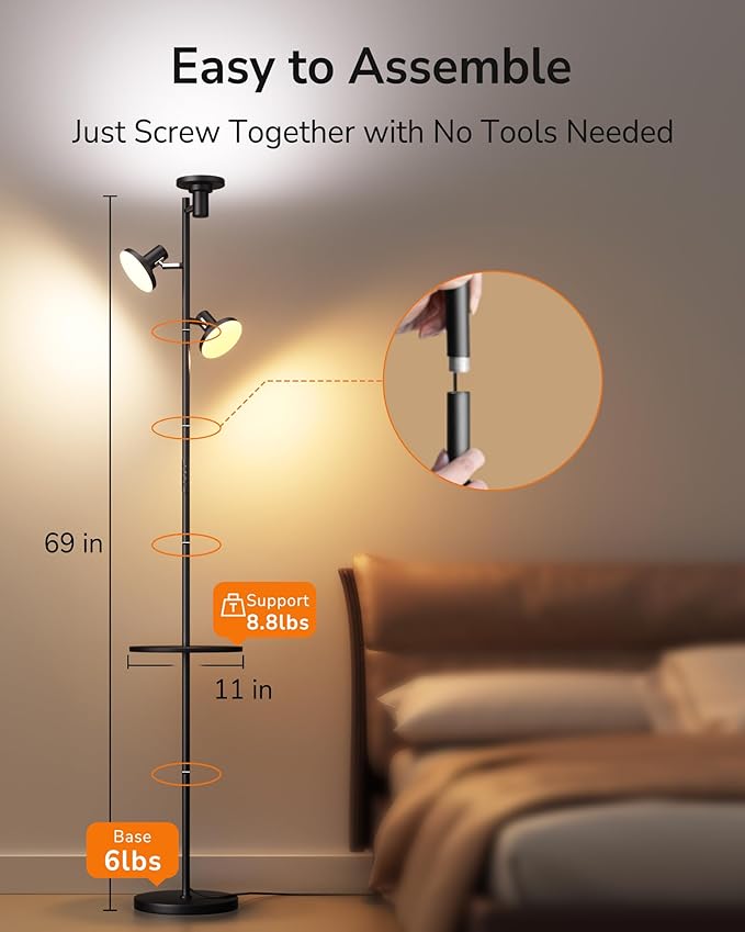 ULG Floor Lamp with Shelf 3-Light Standing Tree Lamp Independent Control Modern Decor Light Color/Intensity Changing Remote & Button Control 1200lm LED Lamp for Living Room Home Office Bedroom, Black